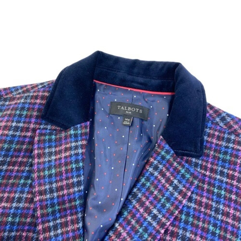 Talbots Plaid Shetland Wool Mistletoe Blazer with Blue Velvet Collar - Picture 3 of 6